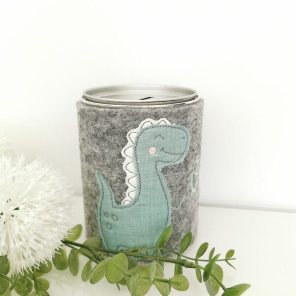 Blechspardose mit Dino und Name bestickt grau grün